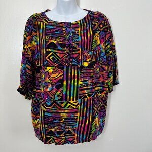 Vintage B'Way Rose Multicolor Abstract Print Tunic Blouse Rayon Loose Fit Size L